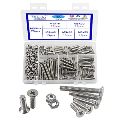 Immagine di Rshuhx 150PCS M5 Vite e Dado Acciaio Inox 304 a Testa Svasata Piana Croce Filettatura Completa Bullone Meccanico Kit di Assemblaggio Dispositivi Fissaggio