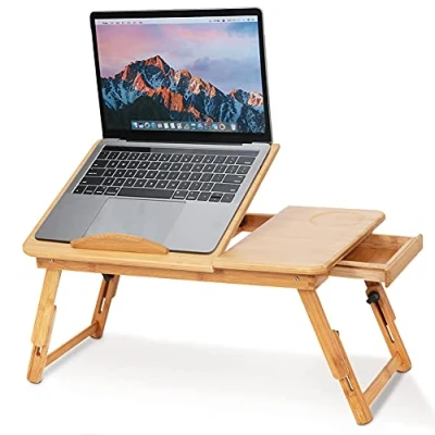 Immagine di Tavolino Letto per PC, Tavolo Vassoio Colazion Pieghevole Scrivania Porta Computer Portatile Divano Legno Tavolini Regolabile Laptop Tablet con cassetro, in Legno, 50x30x20cm