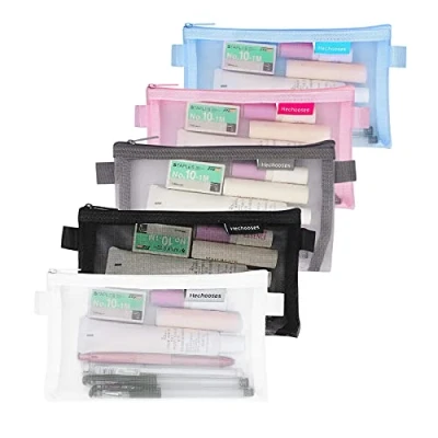 Immagine di 5 Pezzi Astuccio per Matite,Astuccio Portapenne con Cerniera,Astuccio Cancelleria Trasparente,Trucco Sacchetto viaggi Cosmetici Forniture ufficio