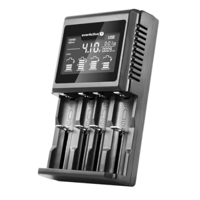 Immagine di EverActive 18650 Caricatore per 4 batterie AAA, AA, C e D, professionale veloce, grande display LCD, test di capacità, modello: UC 4000