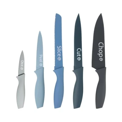 Immagine di MasterChef Set Coltelli da Cucina, Collezione di Coltello Chef per Pane, Carne e Verdure, Acciaio Inox, Prova Calore, Lavabile in Lavastoviglie, 5 Pezzi, Blu, Captions