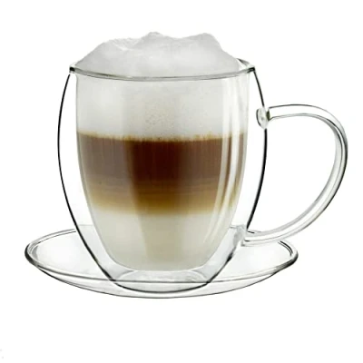 Immagine di Creano Tazze Termica extra Large in Vetro a Doppia Parete, Tazza con Manico XXL e Sottobicchiere 400ml Esclusiva Confezione Regalo