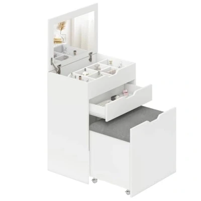 Immagine di HOMCOM Toeletta da Camera con Specchiera e Sgabello Abbinato, Tavolo Trucco Vano Nascosto Cassetto in Legno, Bianco