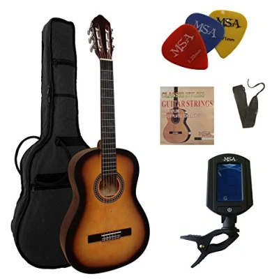 Immagine di 4/4 CHITARRA DA CONCERTO NEL CLASSICO SET SUNBURST LEGNO DI TIGLIO BORSA TRACOLLA 3x PLETTRI ACCORDATORE ET33