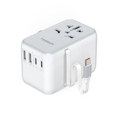 Immagine di TESSAN Adattatore Universale da Viaggio con retrattile cavo USB C PD 35 W, Presa 4 e 1 AC, Inglese Giappone USA Australia Svizzera Tailandia Cina