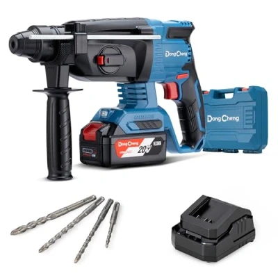 Immagine di DongCheng Martello perforatore a batteria, da 18 V e 2,7 J, 4 SDS Plus, foratura fino 28 mm, motore brushless, impugnatura anti vibrazione, batterie Ah, caricabatterie 2 A, in valigetta