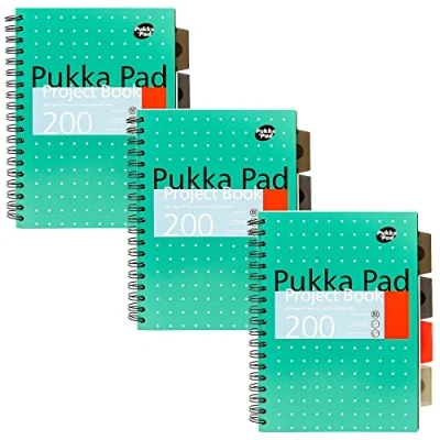 Immagine di Pukka Pad, Libro per progetti B5 a 5 soggetti con divisori riposizionabili, 200 pagine di carta da 80 g/m² linee 8 mm e bordi perforati, verde metallizzato, 25 x 19 cm