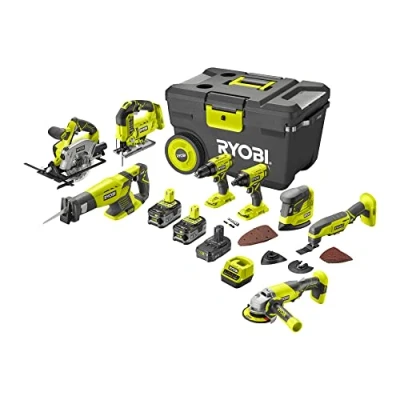 Immagine di RYOBI 8 strumenti 18V ONE+: trapano + seghetto alternativo sega circolare smerigliatrice avvitatore a urti Multitool sciabola levigatrice 2 batterie 5Ah batteria 2Ah
