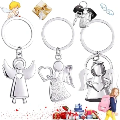 Immagine di Cutefly 3 portachiavi con angelo custode, ciondolo a forma di per chiavi auto, uomo e donna, argento lucido come talismano partner bambini (argento), 34 x 85 mm, E8 188, 34*85mm, Zinco
