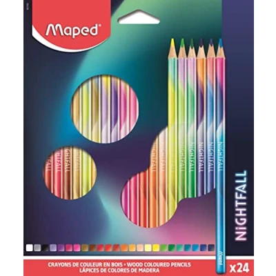 Immagine di Maped matite colorate in legno Nightfall Forma triangolare Mina tenera e resistente, diametro 2,9 mm Colori vivaci intensi Scatola di 24