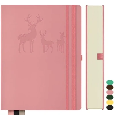 Immagine di Qefuna Notebook A5 foderato, Bullet Journal blocco note spesse, 360 pagine, copertina rigida in pelle, 100gsm carta foderata per donne uomini ufficio scuola diario, 14,5 x 21cm, rosa