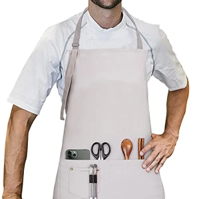 Immagine di LessMo Barbecue Grembiule, Grembiule da Cucina 100% Cotone con Laccio Regolabile e Due tasche, Qualità Professionale, 70 x 85cm, Grigio