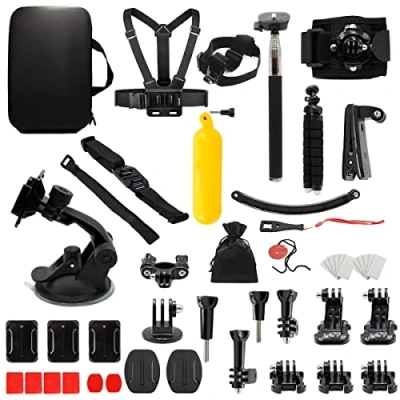 Immagine di MMOBIEL Kit accessori 50 in 1 per action camera, compatibile con GoPro Hero 11 10 9 8 7 6 5 4, Max, Fusion, DJI Osmo Action, AKASO, Insta 360, ecc. Include supporto fotocamera d&#039;azione,