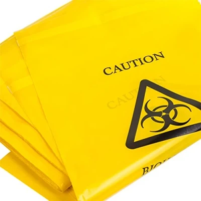 Immagine di 50 sacchetti per materiale a rischio biologico, colore: giallo, dimensioni: 35 cm x 20 cm, autosigillanti, adatti rifiuti sanitari e lo smaltimento del vomito (con scritta in inglese)