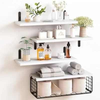 Immagine di BAKAJI Set 4+1 Mensole da Parete in Legno Massiccio, Scaffali a Muro Multiuso, Staffe e Cestino Metallo, Scaffalatura per Camera Letto, Soggiorno, Cucina, Bagno, Libreria, Salvaspazio (Bianco)