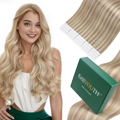 Immagine di Easyouth Extension Biadesive Capelli Veri Biondo Remy Tape Cenere a Candido Adesive Umani 40 cm 40g 20Pz #18P613