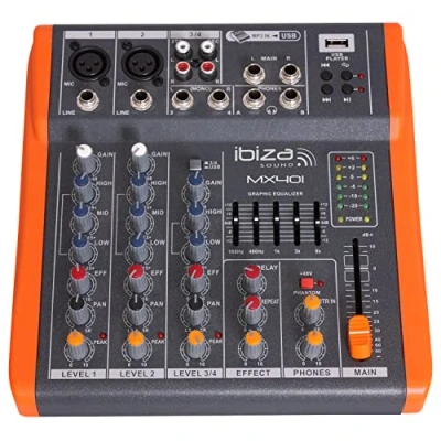 Immagine di Ibiza MX401 Mixer semi professionale completo a 4 canali (EQ 5 bande) con ingressi microfonici e di linea uscite REC, RCA, cuffie AUX USB Nero arancio