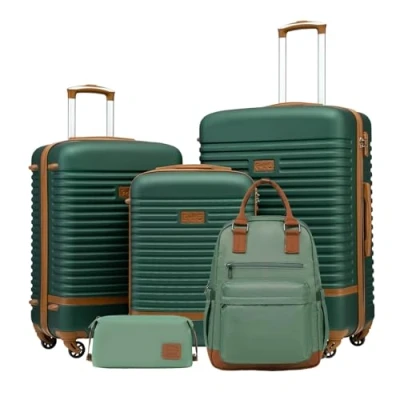 Immagine di COOLIFE Set Valigie,Set di Valigie,Trolley da viaggio con 4 Rotelle Girevoli a 360 TSA Serratura 1 zaino e Borsa toilette Incluso (Albicocca/Verde Scuro, 5 Pezzi)