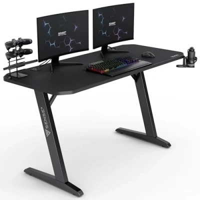 Immagine di SENSE7 Scrivania Nomad Classic, tavolo gaming 140x60 con gancio per cuffie, porta bevande, supporto controller e superficie in fibra di carbonio, Ergonomico ideale il