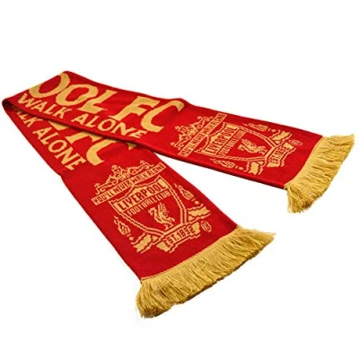 Immagine di Sciarpa ufficiale del Liverpool FC con testo &quot;You&#039;ll never walk alone&quot; e stemma, colore rosso oro