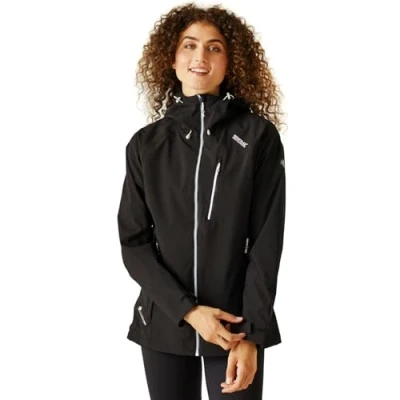 Immagine di Regatta Birchdale&#039; Giacca Shell Impermeabile Traspirante Cuciture Nastrate con Cappuccio Regolabile, Jackets Waterproof Donna, Black(White), 20