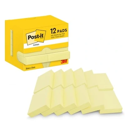 Immagine di Post it Foglietti Canary Yellow, Confezione da 12 blocchetti, 100 Fogli per blocco, 38 mm x 51 mm, Colore Giallo Adesivi Appunti, Elenchi &amp; Promemoria
