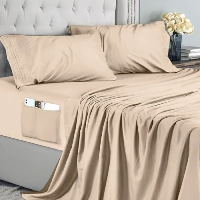 Immagine di Utopia Bedding Set Lenzuola Ricamate 4 Pezzi 135x190 Microfibra Di Poliestere Lenzuolo Con Angoli Tasche Portaoggetti, Piatto e 2 Federe (Double/Una Piazza Mezza, Beige)