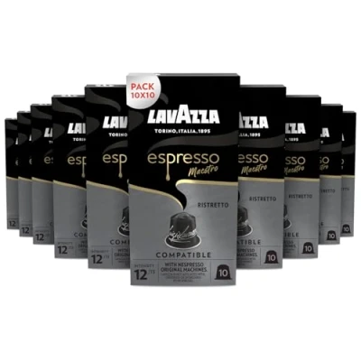Immagine di Lavazza Espresso Maestro Ristretto, 100 Capsule in Alluminio Compatibili con Macchine Nespresso Original, Arabica e Robusta, Note di Caramello Cioccolato, 10 Confezioni da