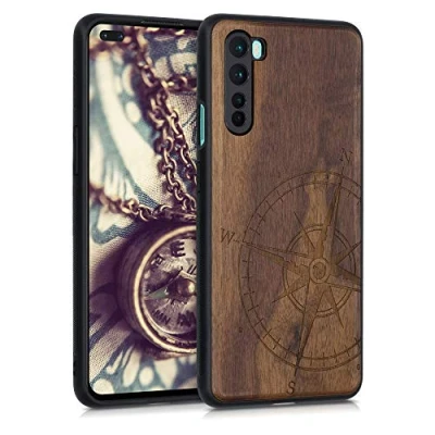 Immagine di kwmobile Custodia Compatibile con OnePlus Nord Cover Back Case in Legno Bumper Silicone TPU Bussola vintage marrone scuro
