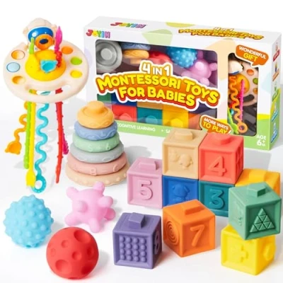 Immagine di JOYIN Montessori, giocattolo per bambini 4 in 1, a partire dai 6 ai 12 mesi, impilabile, corda sensoriale, regalo bambini, 1 2 3 anni