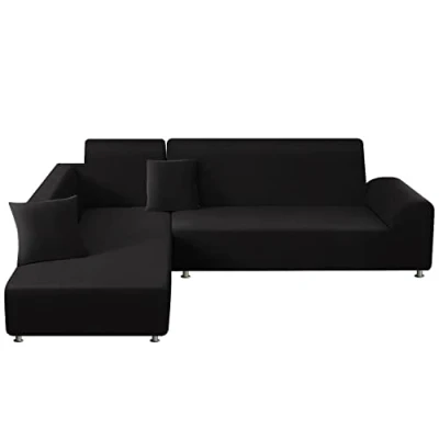 Immagine di ele ELEOPTION Copridivano Elasticizzato, Set da 2, 3 posti, per Divano a L, 2 federe, Nero