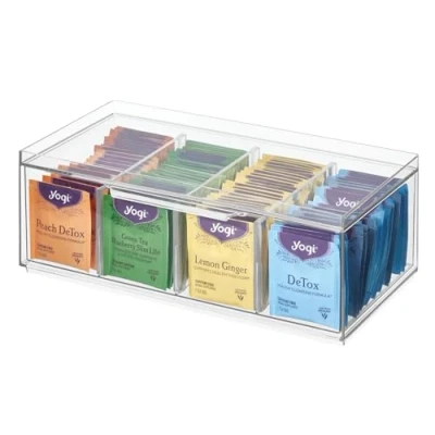 Immagine di iDesign Porta 4 Scomparti, Organizer Cucina impilabile per bustine di The, Contenitore plastica con Coperchio pareti Regolabili, Trasparente