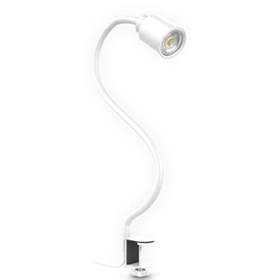 Immagine di B.K.Licht lampada LED da tavolo con morsetto, inclusa lampadina GU10 5W, luce calda, orientabile, interruttore a levetta, collo di cigno, piccola comodino o scrivania, metallo bianco