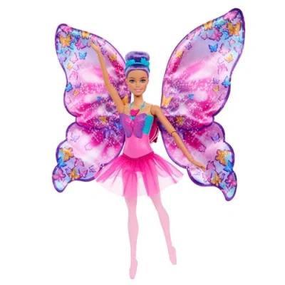Immagine di Barbie Ali Scintillanti, Bambola dai Capelli Viola, trasformazione 2 in 1 da Ballerina a Farfalla con apribili, Cerchietto e tutù Rimovibile Inclusi, Giocattolo per Bambini, 3+ Anni, HXJ10