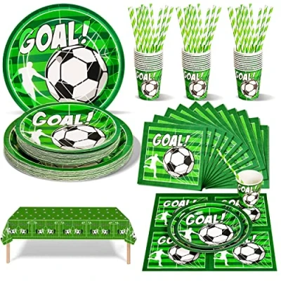 Immagine di Nkaiso 126 Pezzi Forniture per Decorazioni Compleanno Calcio, Tema Calcio Stoviglie Feste,Addobbi Bambino Include Piatti Tovaglia Tazze Tovaglioli 25 Ospiti
