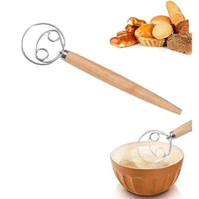 Immagine di frusta danese per Impasto Inossidabile Acciaio MiscelatoreManico in legno accessori cucina impastare pan Pasticceria, Pizza dessert