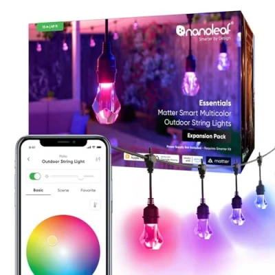 Immagine di Nanoleaf Matter Essentials, Catena Luminosa Esterno Expansion Pack 15M Led RGBICW Luci 16M Colori, IP65 Impermeabile, 20 Lampadine LED, WiFi Bluetooth Matter, Adatto per Giardino Balcone Gazebo