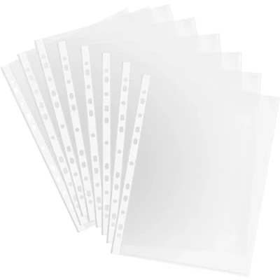 Immagine di HD BRICO Buste Perforate Trasparenti Alto Spessore /A4 / 80 Micron/Confezione da 100 Pezzi/Lucide/Buste a foratura Buccia d&#039;arancia/FINITURA antiriflesso
