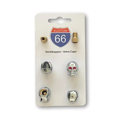 Immagine di Set di 4 tappi per valvole + 2 adattatori bicicletta teschio argento v1 adatto ogni auto, moto e