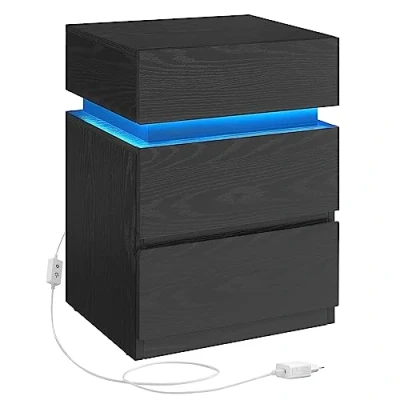 Immagine di VASAGLE Comodino con Striscia Luminosa di Luci a LED Multicolore Variabile, 3 Cassetti, Tavolino in Stile Moderno, 35 x 40 55 cm, Nero Effetto Legno LET630T56