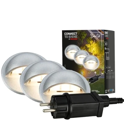 Immagine di Briloner Sistema da giardino Connect to Shine 12V, set 3 faretti incasso con luce laterale, trasformatore, IP65, bianca calda, illuminazione giardino, 35x36 mm, colore argento