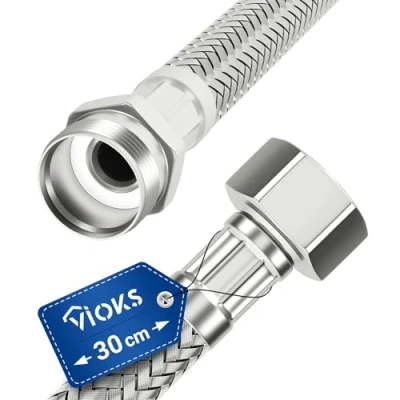 Immagine di Tubo corazzato per acqua potabile, 30 cm, flessibile con dado di raccordo da 3/8&quot; e filettatura esterna, intrecciatura in acciaio inox