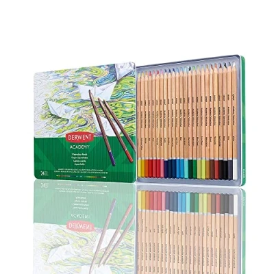 Immagine di Derwent Academy Set di 24 Matite Colorate Acquerellabili Sfumabili in Custodia Metallo, Utilizzabili sia da Asciutte che Bagnate, Adatte a Colorare, Disegnare ed Illustrare