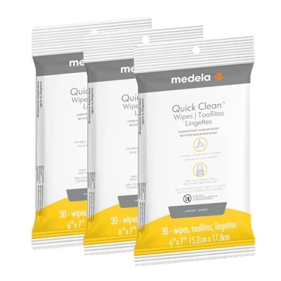 Immagine di Medela Quick Clean Breast Pump and Accessory Wipes 90ct, 3 Packs of 30 Count, Resealable, Convenient Hygienic On The Go Cleaning for Tables, Countertops, Chairs, More