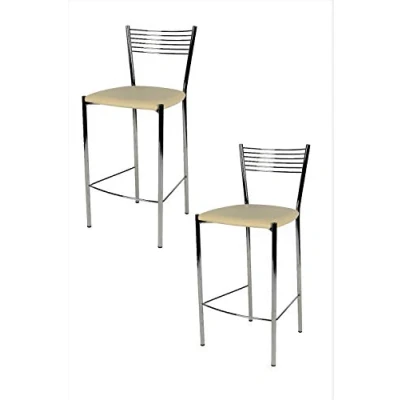 Immagine di t m c s Tommychairs Set 2 sgabelli alti modello Elegance per cucina e bar, struttura in acciaio cromato seduta imbottita rivestita pelle artificiale colore avorio