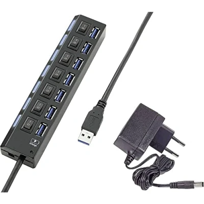 Immagine di Renkforce 7 Porte Hub USB 3.0 Commutabile singolarmente, Con LED di stato, porta ricarica per iPad Nero