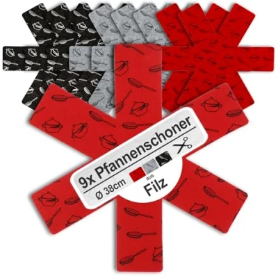 Immagine di COM FOUR® 9x proteggi padella in feltro dai graffi tappetino padelle, pentole e ciotole (09 pezzi grigio/rosso/nero)