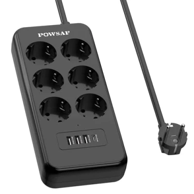 Immagine di POWSAF Regleta di prese con porta USB C, 4 corrente, 3 porte A e 1 interruttore, adatta per il lavoro da casa Nero.