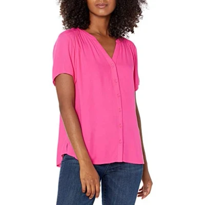 Immagine di Amazon Essentials Camicetta in Tessuto a Maniche Corte Donna, Rosa Brillante, XL