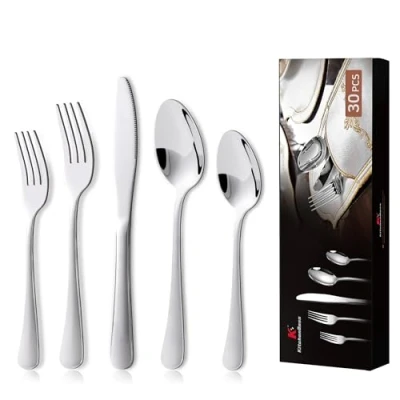 Immagine di KitchenBoss Set Posate Acciaio Inox: 6 Persone di Posate, 30 Pezzi in Argento e Lavabili Lavastoviglie